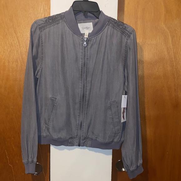 🩶NWT Jessica Simpson Embroidered Light Bomber Jacket in Light Grey - Picture 5 of 14